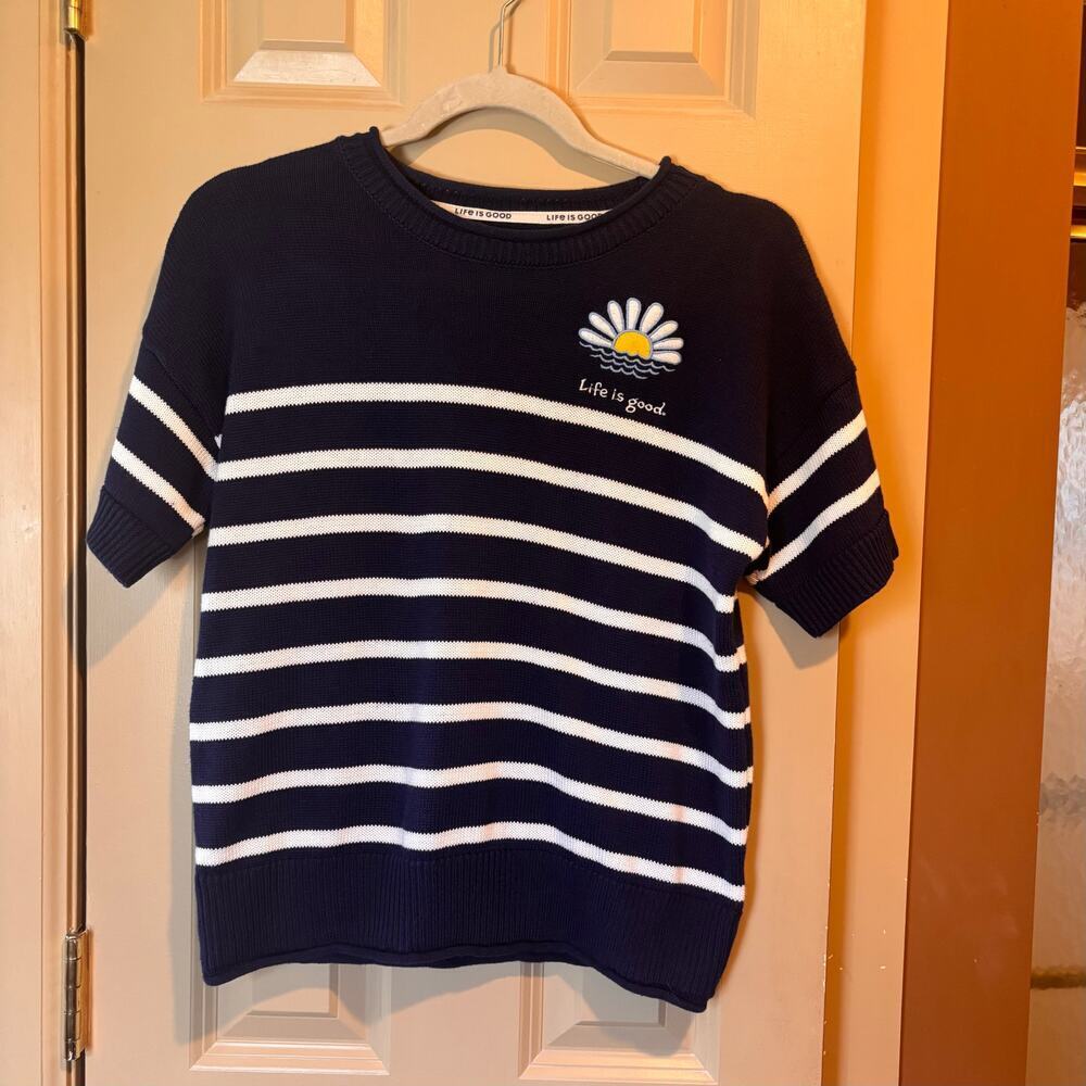 Life is Good Women's Small Navy Striped Short Sleeved Sweater Nautical Coastal - Picture 5 of 7
